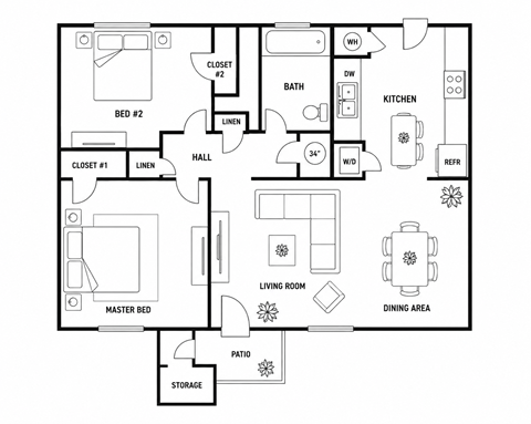 Floor plan for 2 beds, 1 bath, 744 sqft